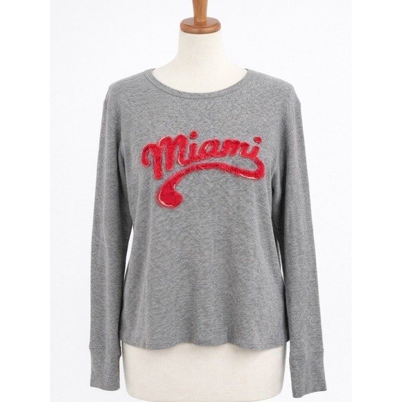 Tops - Miami Chenille Varsity Waffle Knit Long Sleeve Top Gray Pink M